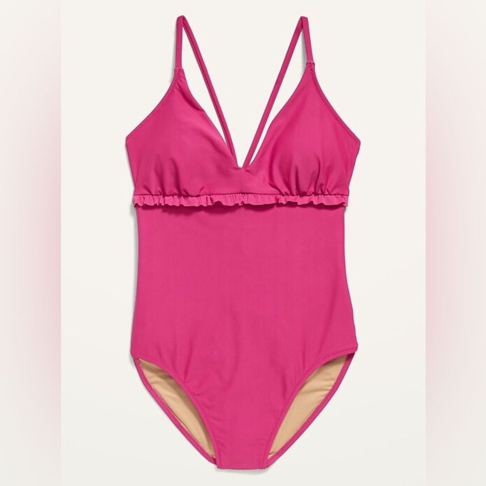 Old Navy V Neck Ruffle Trim Cutout One Piece Swimsuit NEW Raspberry Tart 3X